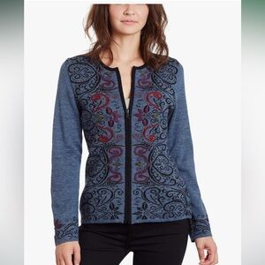 Invisible World Blue & Black Embroidered Reversible Arabesque Cardigan Large
